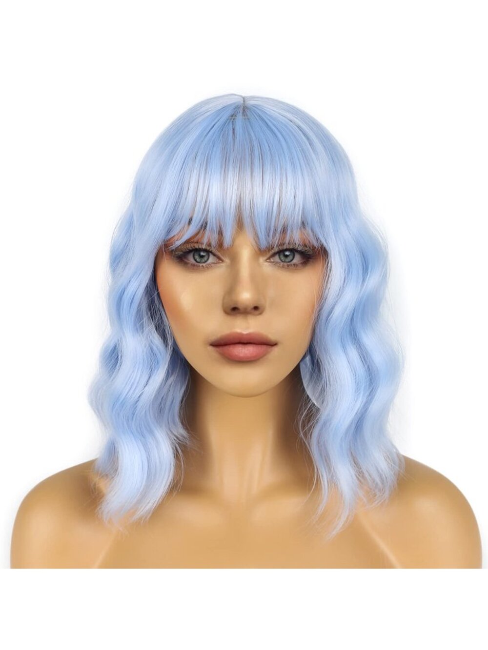 Women's Light Blue Shoulder Length Synthetic Loose Wavy Short Bob Wigs Bangs